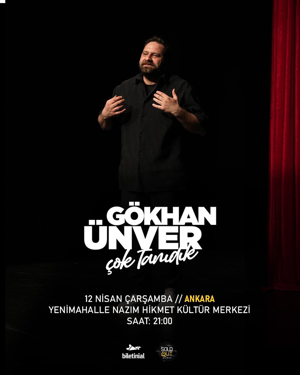 🌟 Sevgili @gokhanunver ile bugün Ankara Yenimahalle Nâzım Hikmet Kültür Merkezi sahnesindeyiz. 🌅🎈❤️‍🔥 📍Ankara Yenimahalle Nâzım Hikmet Kültür Merkezi 🗓️ 12 Nisan Çarşamba ⏰ 21:00 🎟️ Biletler tükendi! 🥳 #GökhanÜnver #StandUp #TekKişilikGösteri #ÇokTanıdık #Ankara