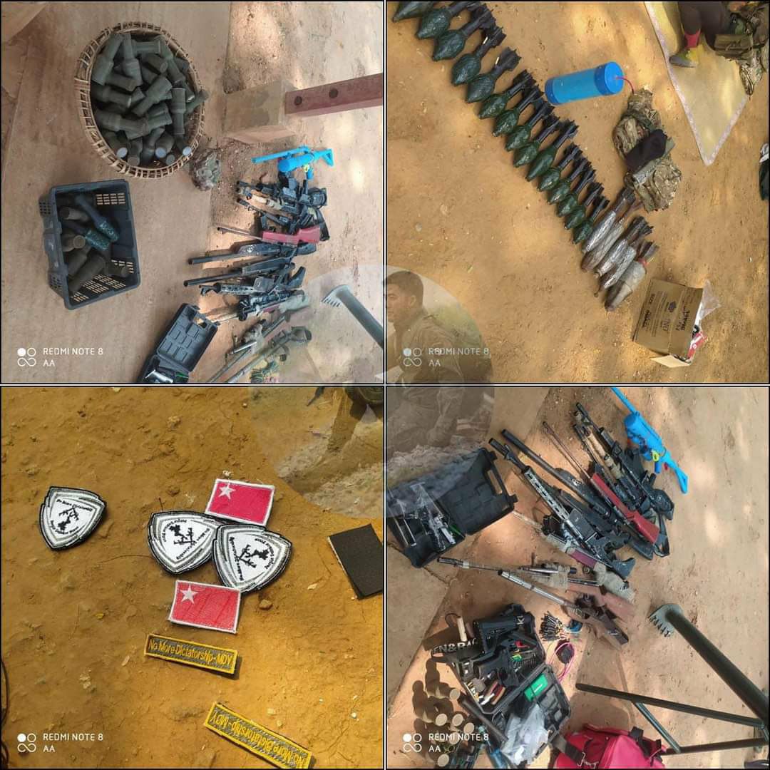 melodyphyo's tweet photo. The temporary base camp of PDF in Sagaing region was raided by the junta troops in the early morning of 08 April, seizing a large cache of weapons of local PDF and their equipment in Oakphu village – a seven mile distance from Sagaing town  Myanmar. #WhatsHappeningInMyanmar https://t.co/K7j4k91G5D