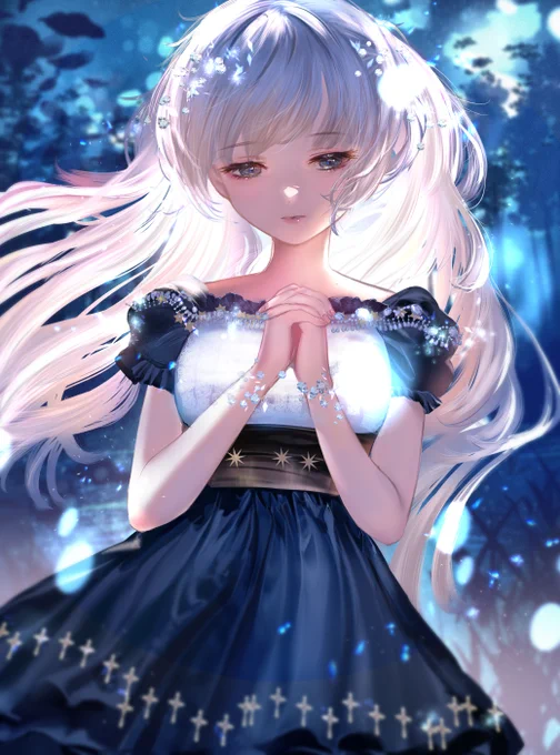 青い夜の祈り(色塗り練習、習作)#イラスト #イラスト練習中 