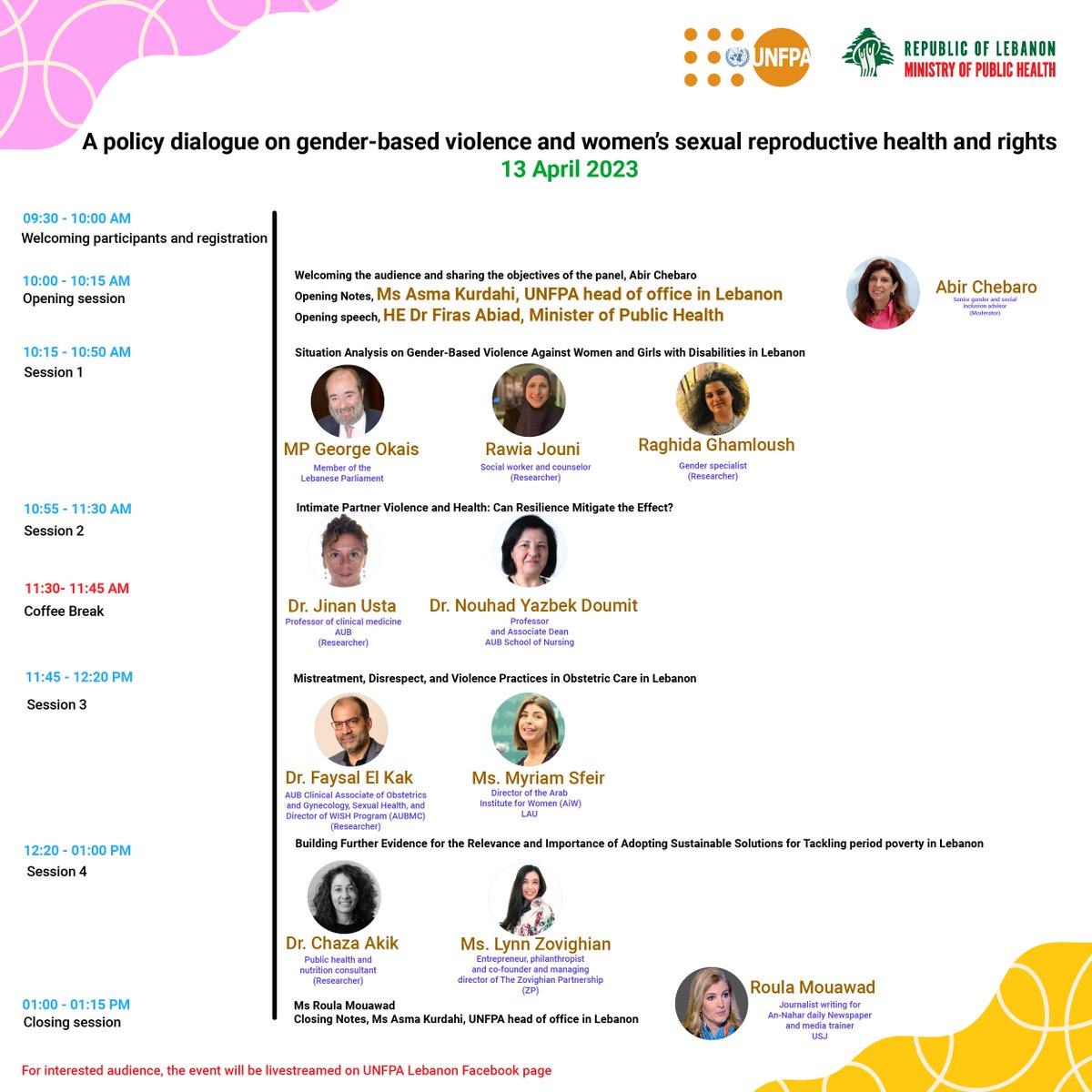 Join us live on UNFPA Lebanon Facebook page tomorrow, from 10:00 AM to 2:00 PM Beirut time, for a one-day policy-level meeting "Breaking the Cycle: Addressing GBV for Better Health" in celebration of World Health Day! #WHD #GBV #HealthForAll