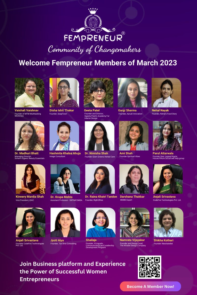 Join us in welcoming Women Entrepreneurs who have joined Fempreneur - Community of Changemakers in the Month of March 2023
We are in the process of launching Fempreneur Ahmedabad, Baroda, Mumbai, Delhi & Noida Chapters.

#fempreneurCommunity #VyapaarJagat #1MillionMission