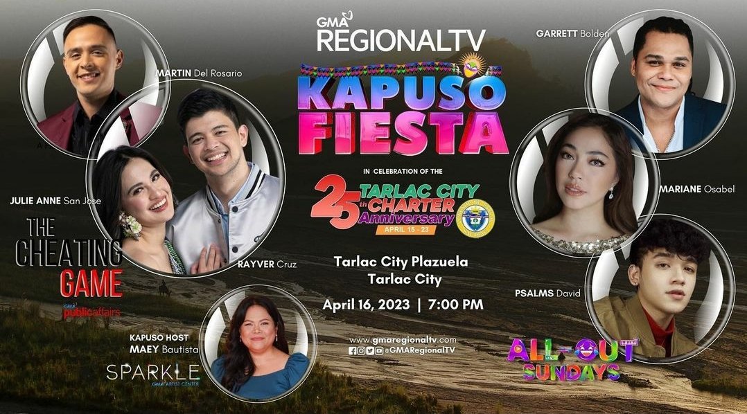 Kapuso Fiesta!
April 16, 2023 | 7:00pm
Tarlac City Plazuela 

#GMARegionalTV
#KapusoFiesta
(c)