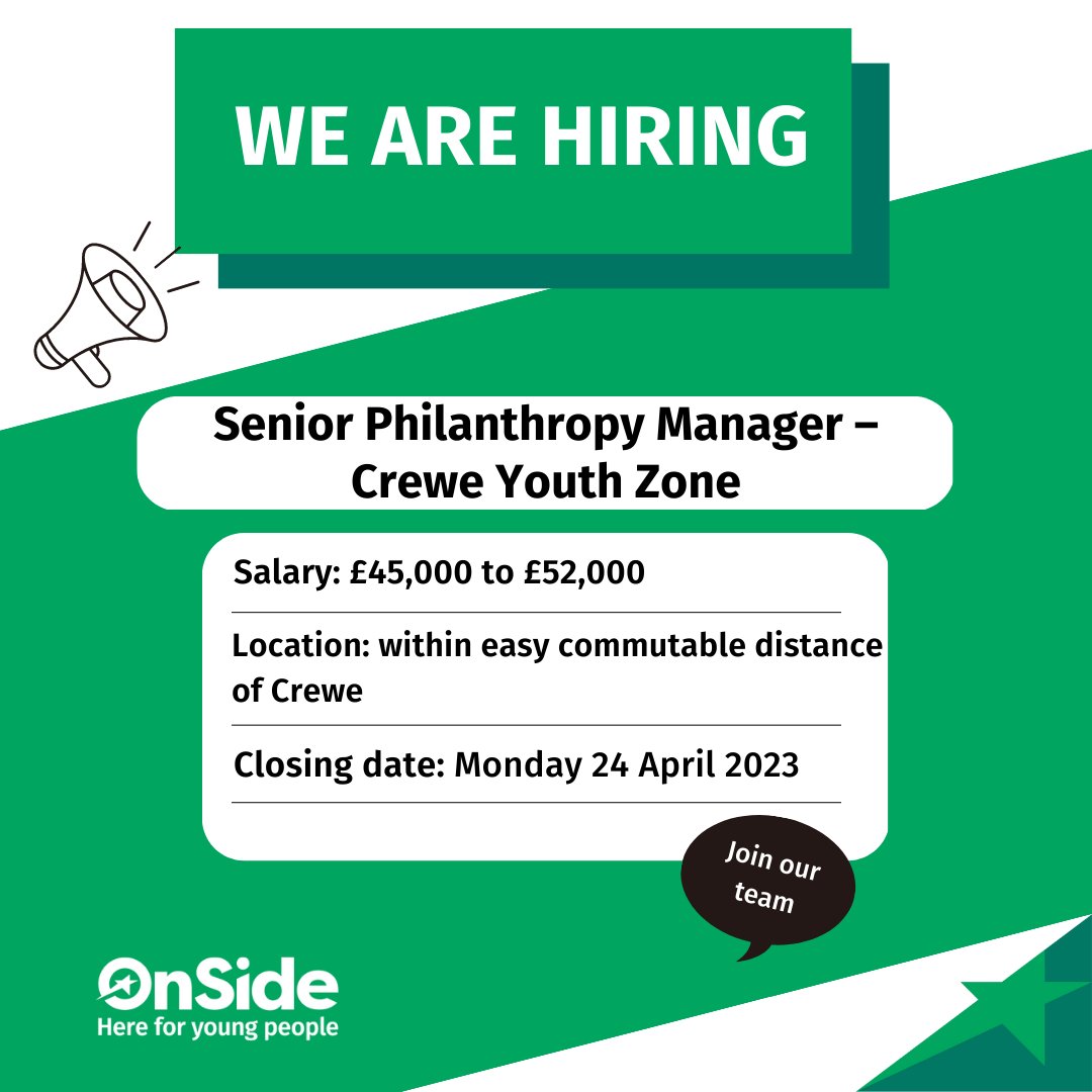 📢Please share with your networks 📢

Work with us! Join a fantastic team with an amazing mission.

We are recruiting a Senior Philanthropy Manager for Crewe Youth Zone.

Closing date: 24 April 2023

onsideyouthzones.org/vacancies/seni…

#FundraisingJobs #CharityJobs #PhilanthropyJobs #Hiring
