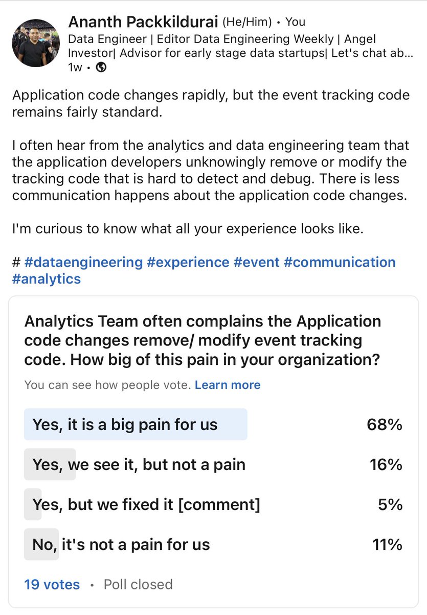 data_weekly's tweet image. 🔥🧩 Just 19 votes, but notice the trend! By looking at the companies that voted yes, trust in events instrumentation ⬇️ as app code velocity &amp;amp; complexity ⬆️! 💡📊 Are you seeing this pattern too? 🤔🚀 #CodeComplexity #TechInsights #DataCreation