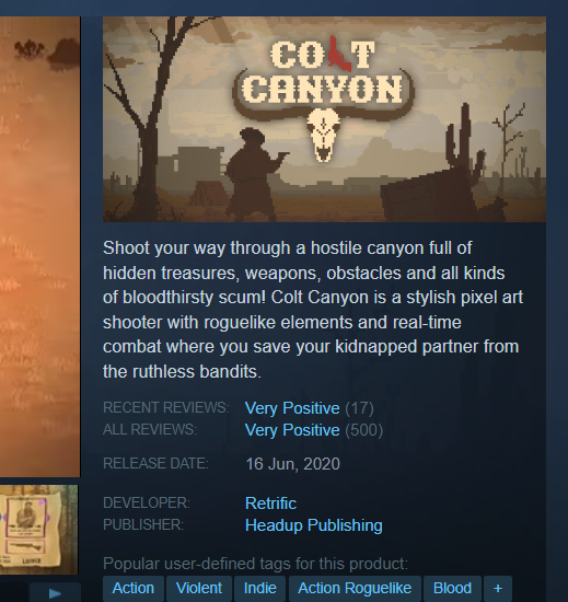 Retrific's tweet photo. Took a while, but I can finally celebrate reaching 500 reviews on my #roguelike @ColtCanyon! Great achievement for me as a solo dev! Thank you! Maybe I can now consider moving on to new #gamedev projects🤔 #gamemaker https://t.co/4vPVe4AsIm