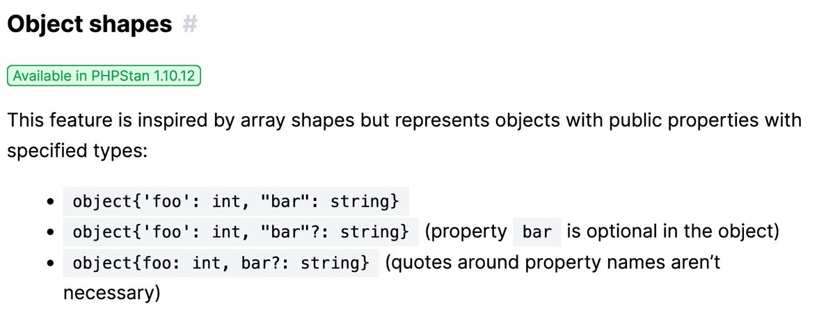 Just-released @phpstan 1.10.12 includes support for object shapes! 🎉