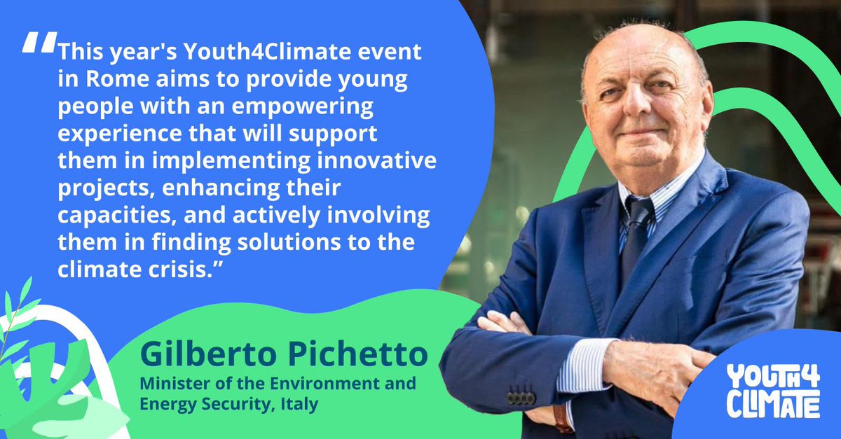 As we gear up for #Earthday and #COP28UAE, <a href="/MASE_IT/">Ministero Ambiente e Sicurezza Energetica</a> Minister <a href="/GPichetto/">Gilberto Pichetto</a> has just announced this year's #Youth4Climate flagship event in Rome 🇮🇹 will empower young people with the skills to tackle the climate crisis and finance their innovative projects. Exciting times are ahead!