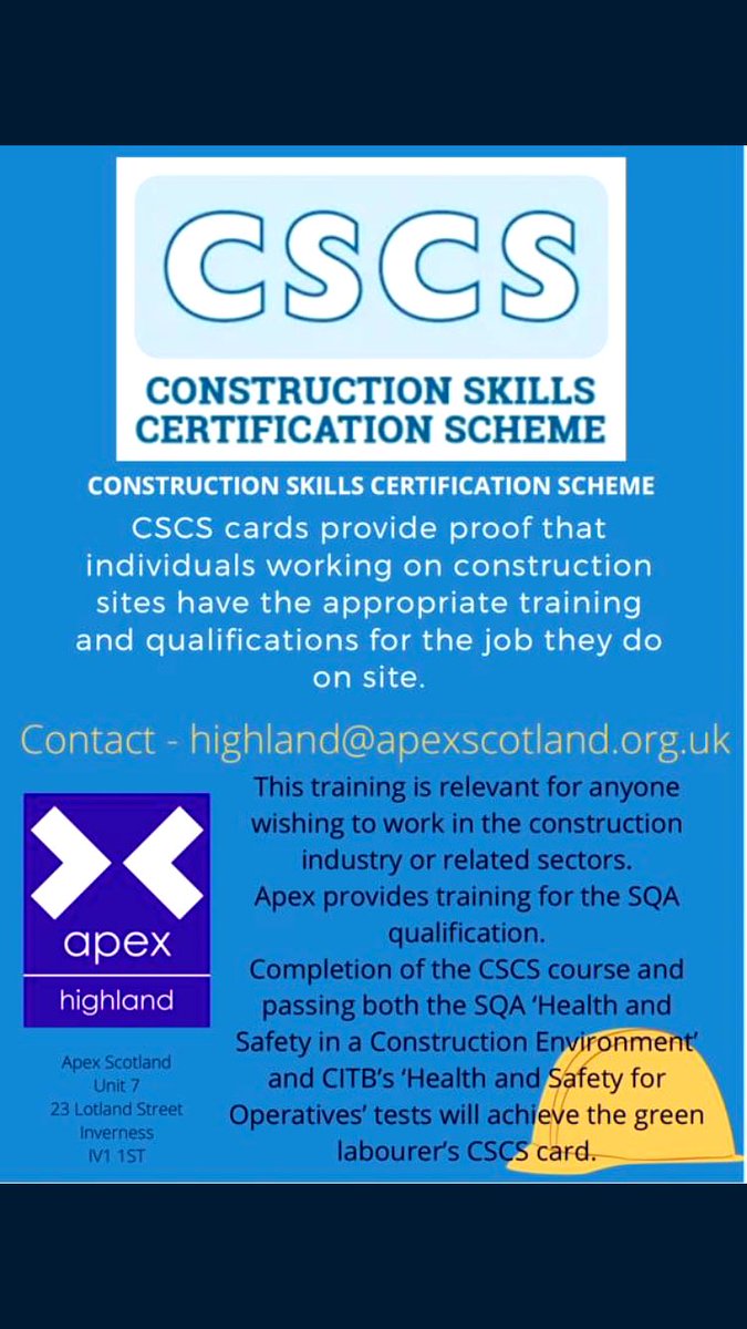 HighlandApex's tweet photo. Are you interesting in gaining your #CSCScard with us at #apexhighland get in touch with us on 01463 717033 or drop us an email at: highland@apexscotland.org.uk for more information! #apexscotland #qualification https://t.co/wCm6qEgMg5