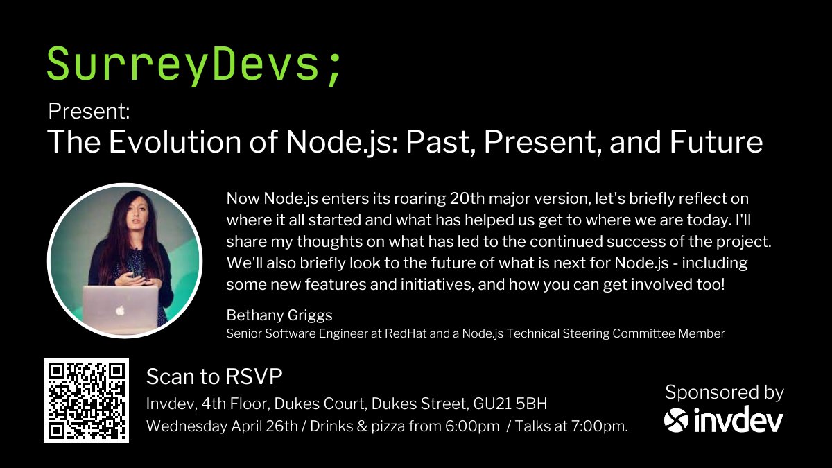 SurreyDevs's tweet photo. We're back with another meetup on the subject of Node.js. We will be joined by @BethGriggs_ a Node.js Technical Steering Committee Member who'll be discussing the future of Node.js, including sharing some new features and initiatives. #NodeJS #Node
https://t.co/KtV7faMcMF https://t.co/tPO35D9CGJ