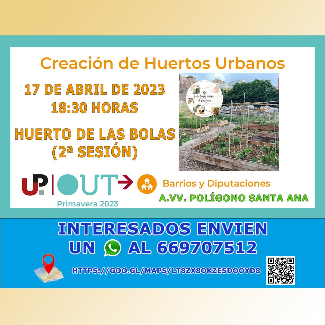 avvpsa's tweet photo. Taller de creación de Huertos Urbanos (2ª sesión)
🗓️ 17 de abril
🕰️ 18:30 h.
📌 Huerto de las Bolas
#construyendobarrio #avvpoligonosantaana #clubmayoresmayorazgo #unlocalsocialyaenpoligonosantaana #redhuertosurbanosct #Vivenshortis #upout #aytocartagenaes https://t.co/QESvYSWrRD
