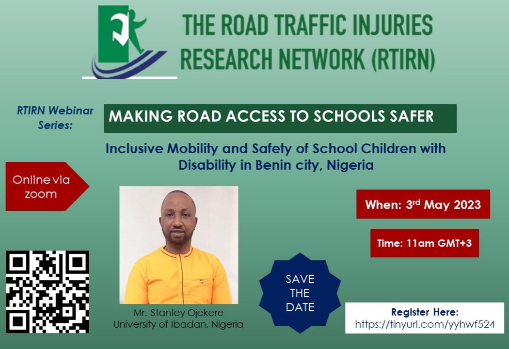 RTIRN (@rtirn) on Twitter photo RTIRN Webinar Series "Making Road Access To Schools Safer"
Save a date with us on 3rd May 2023 for the webinar on "Inclusive Mobility and Safety of School Children with Disability in Benin City, Nigeria" <a href="/OjekereStanley/">Stanley Ojekere</a>
#RoadSafety
<a href="/okobusingye/">Dr. Olive C. Kobusingye</a> <a href="/margiepeden/">Margie Peden</a> @Nhan_T_Tran <a href="/Wongsv/">Wong, Shaw Voon</a> RTIRN Webinar Series "Making Road Access To Schools Safer"
Save a date with us on 3rd May 2023 for the webinar on "Inclusive Mobility and Safety of School Children with Disability in Benin City, Nigeria" <a href="/OjekereStanley/">Stanley Ojekere</a>
#RoadSafety
<a href="/okobusingye/">Dr. Olive C. Kobusingye</a> <a href="/margiepeden/">Margie Peden</a> @Nhan_T_Tran <a href="/Wongsv/">Wong, Shaw Voon</a>