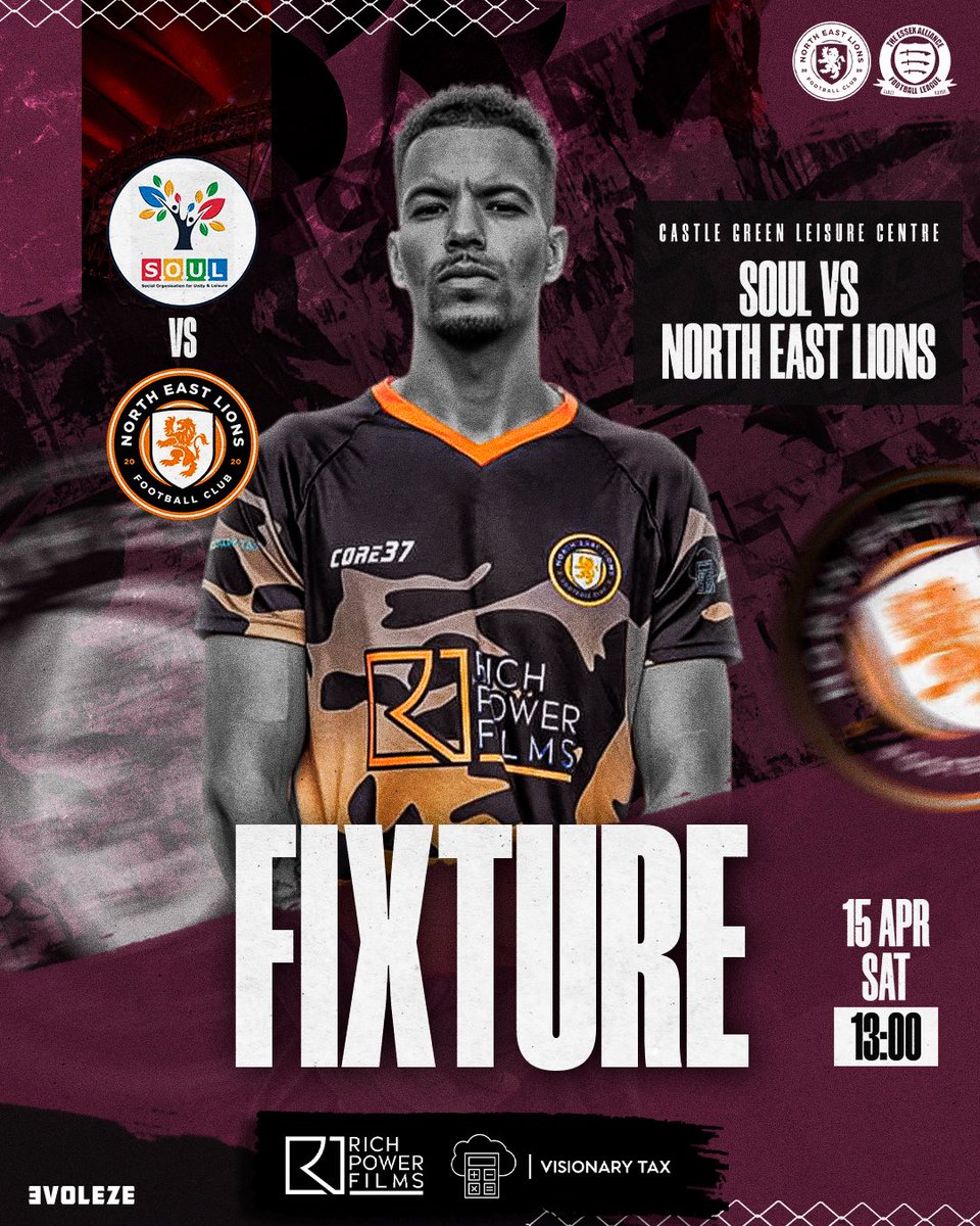 NorthEastLions1's tweet photo. #nextup for your #lions is an #away trip to Castle Green Leisure Centre in @EssexAllianceFL Premier West action against @souluk03 

Come down and show your support for the #boys on our travels 🌍🥳🦁💪

🟠🟣🟡⚫️⚽️💪

Thanks to our #shirt sponsor @richpowerfilms and #VisionaryTax https://t.co/Nd2yn4xCoE