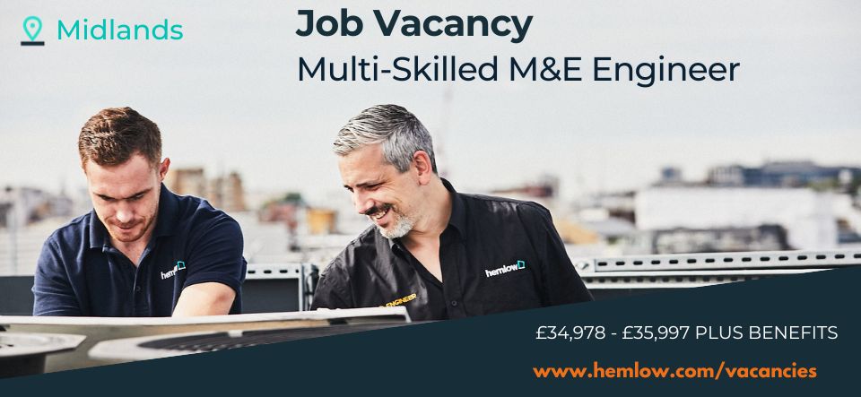 #TeamHemlow are hiring for a Multi-Skilled M&E #Engineer within the Midlands.
The candidate should be client-facing with experience performing reactive & PPM tasks, marshalling specialist services, and reporting to the building contract. 

#ApplyToday - bit.ly/3GBYoHL