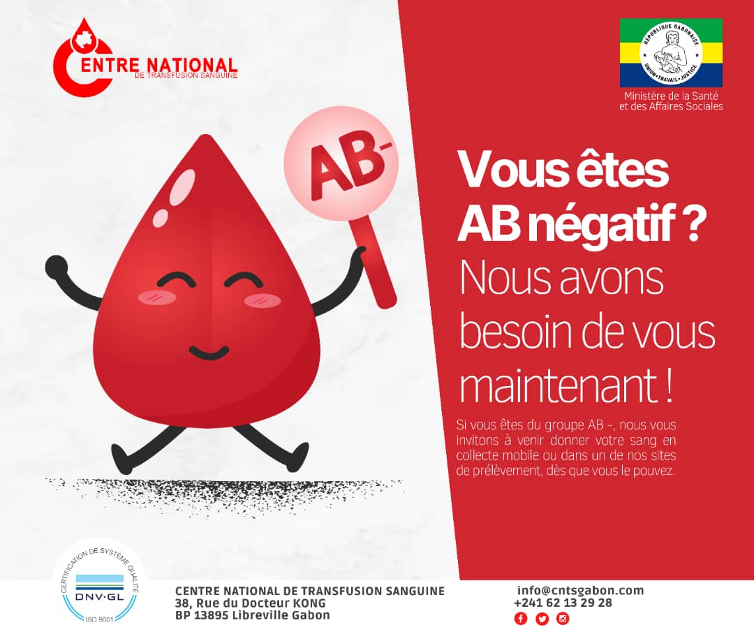 I Appel au don I

Vous êtes AB- ? Faites un don sang, des vies en dépendent.
Bonne semaine.

<a href="/SanteSocialeGA/">Ministère de la Santé et des Affaires Sociales</a>