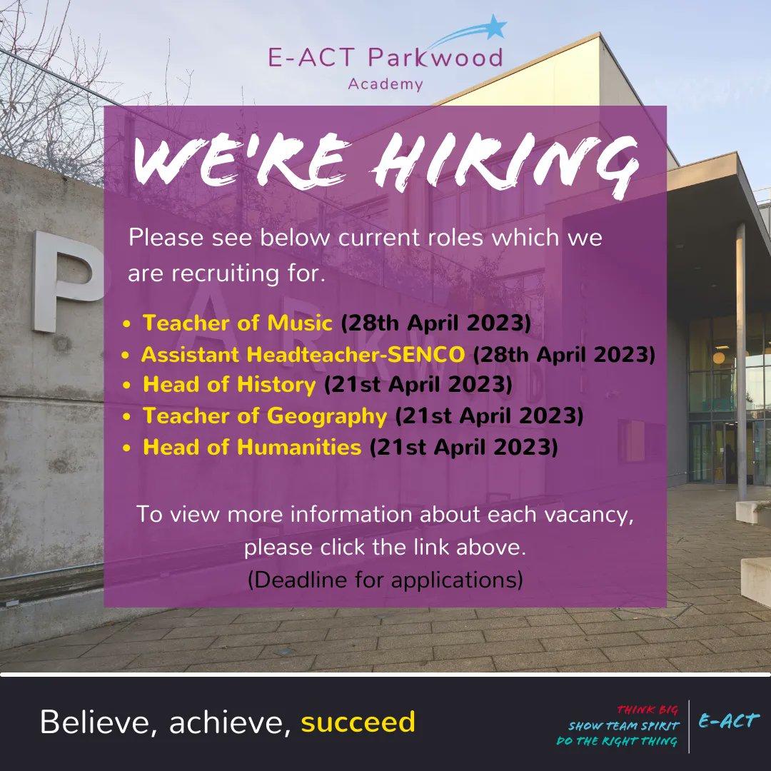 E-ACT Parkwood Academy is a “high energy” and rewarding place to work and our staff make daily positive impact upon students. 
We are #recruiting for a number of roles. For more details about each position, please click the link below. #jobalert #Sheffield
eact.face-ed.co.uk/vacancies?filt…