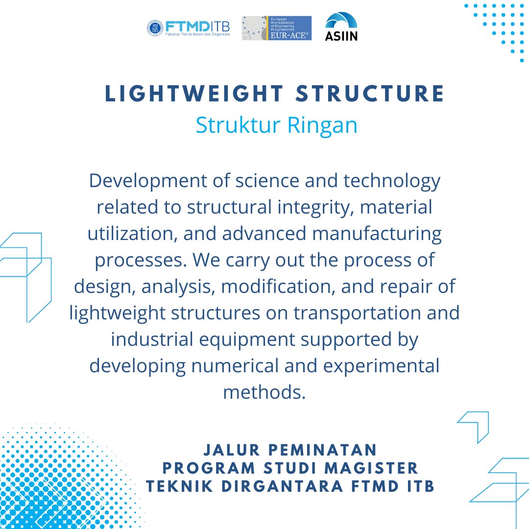 ftmd_itb's tweet image. Calling all Aerospace Engineering enthusiasts! Choose Lightweight Structure and discover the latest advancements in designing and building lightweight and high-strength structures for aircraft. #aerospaceengineering 
 #PostGradSchool
#MasterDegreeProgram
#FTMD
#ITB