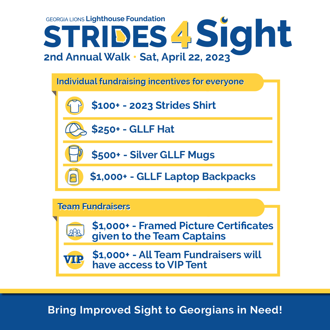 Earn Incentives when you Walk 4 Sight! When you fundraise, you and your team can earn cool stuff, and awards are cumulative as you raise more. Sign Up at bit.ly/Strides4Sight2…