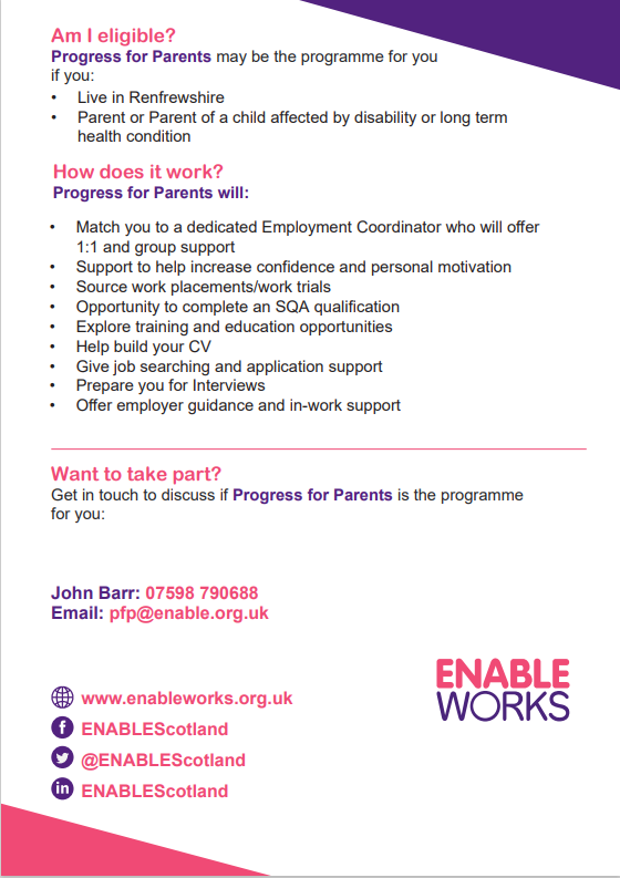John_ENABLE's tweet photo. Progress for Parents Renfrewshire📢

New programme supporting parents in Renfrewshire🙌

Get in touch in you have any questions or referrals!📲 https://t.co/JuPQlXEGfq
