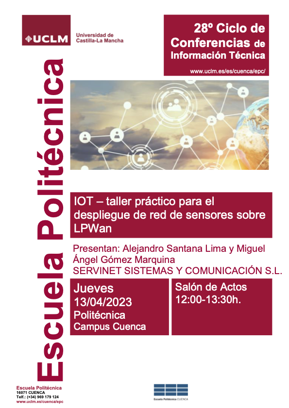 politecnicacu's tweet photo. 📣 ¡Si te apasiona la #IoT no te perderías este taller práctico que MAÑANA impartirán Alejandro Santana Lima y Miguel Ángel Gómez Marquina de la empresa Servinet Sistemas y Comunicación!

Más info del Ciclo de Conferencias de la #PolitécnicaCuenca aquí 👉 https://t.co/moS0SR6pZQ https://t.co/ZuqeKamEwu