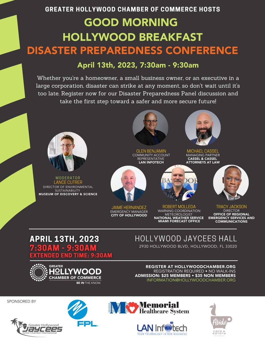 @GHollywoodCC Good Morning Hollywood Breakfast Disaster Preparedness Conference Thursday, 4/13 7:30a Are you ready for a storm or natural disaster? #hollywoodchamber #noaa #nationalweatherservice @LANINFOTECH @glenbenjamin #browardcounty #EOC Register at: buff.ly/3JMg31z