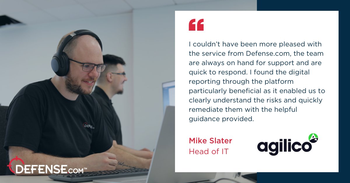 “We’re very happy with our experience and we will continue to use Defense.com.”

We’re delighted to receive such positive feedback from one of our valued clients!

Discover how Defense.com™ can help you manage cyber threats- defense.com