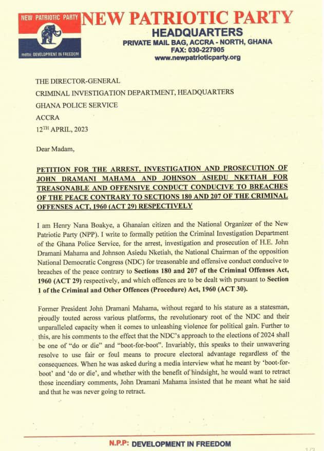 henrynanaboakye's tweet image. PETITTION FOR THE ARREST, INVESTIGATION AND PROSECUTION OF JOHN DRAMANI MAHAMA AND JOHNSON ASIEDU NKETIAH FOR TREASONABLE CONDUCT AND FOR OFFENSIVE CONDUCT CONDUCIVE TO BREACHES OF THE OF THE PEACE CONTRARY TO SECTION 180 AND 207 OF THE CRIMINAL OFFENSES ACT, 1960 (ACT 29)…..