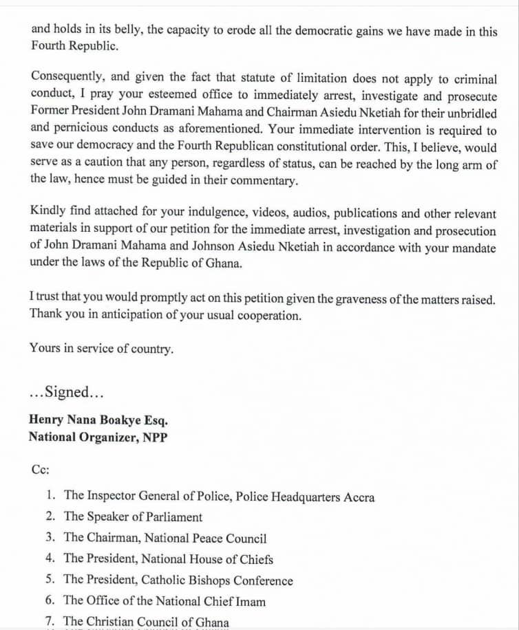 henrynanaboakye's tweet image. PETITTION FOR THE ARREST, INVESTIGATION AND PROSECUTION OF JOHN DRAMANI MAHAMA AND JOHNSON ASIEDU NKETIAH FOR TREASONABLE CONDUCT AND FOR OFFENSIVE CONDUCT CONDUCIVE TO BREACHES OF THE OF THE PEACE CONTRARY TO SECTION 180 AND 207 OF THE CRIMINAL OFFENSES ACT, 1960 (ACT 29)…..