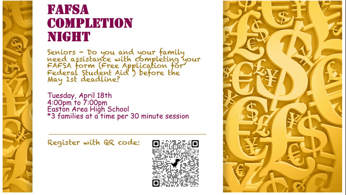 Hello! 

EAHS is offering a FAFSA Completion Night on April 18th from 4:00pm to 7:00pm.  Students can sign up for an appointment time with the QR Code below!