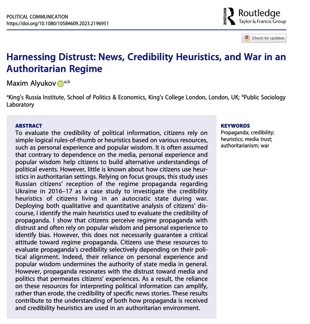 Happy to see my new article out in <a href="/polcommjournal/">Political Communication 📓</a>!  The article looks at how personal experience and popular wisdom affect perceived credibility of regime propaganda regarding Ukraine in Russia. A short thread (8).