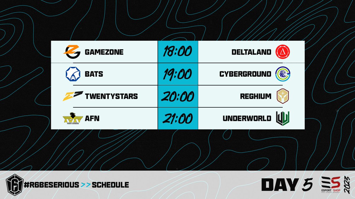 🔜DAY 5 #R6BeSerious 

⚔️Si ritorna al lavoro⚔️
Vi aspettiamo dalle 18:00‼️

PS.
AFN 🆚️ UNDERWORLD spostata alle 20:00, invece 20s 🆚️ REGHIUM sarà alle 21:00

Sondaggi⬇️