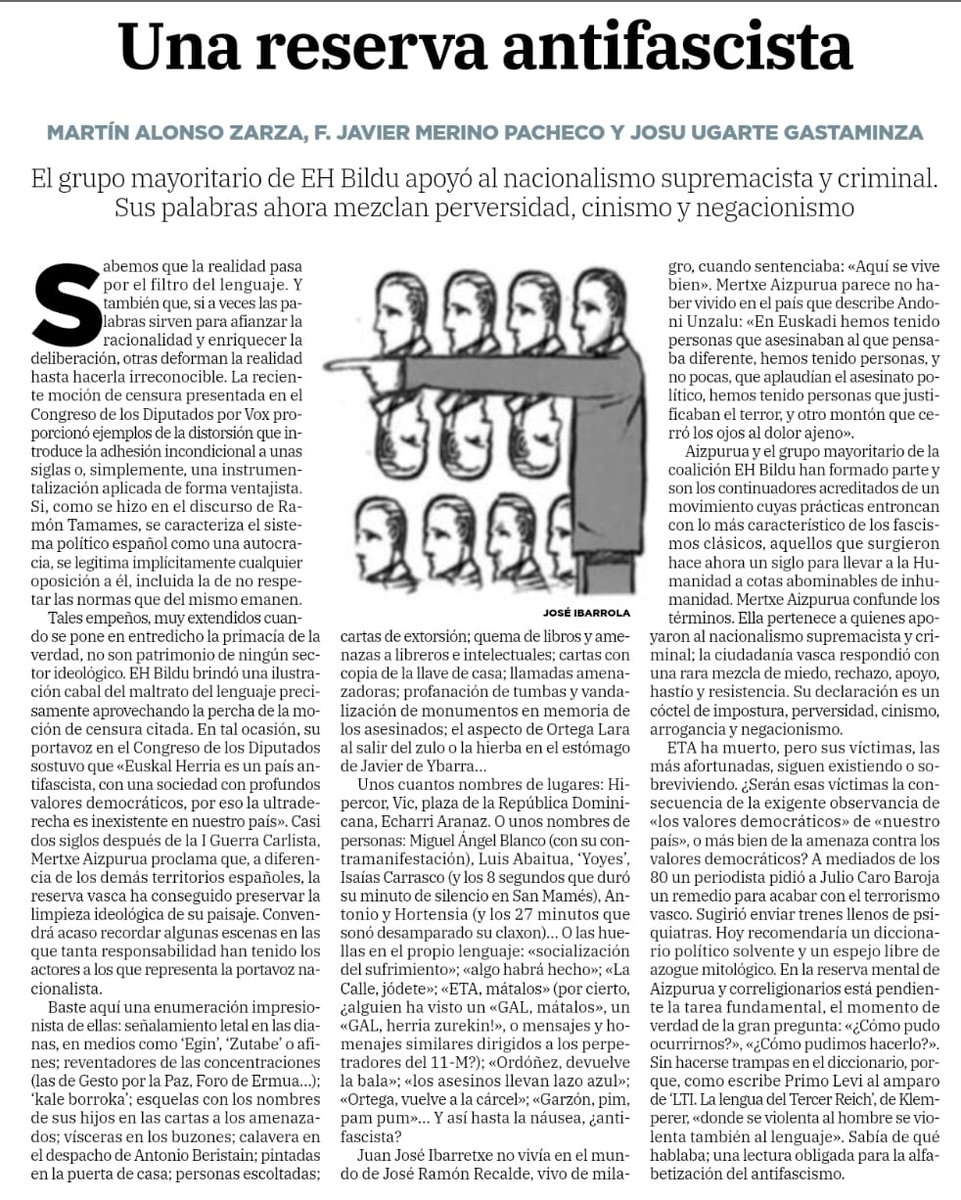 joseanperez1965's tweet photo. Magnífico artículo de Martín Alonso, Javier Merino y Josu Ugarte. Tres amigos, pero sobre todo, tres cabezas bien amuebladas. De lo mejor de este país. https://t.co/zXg7hJrvAR