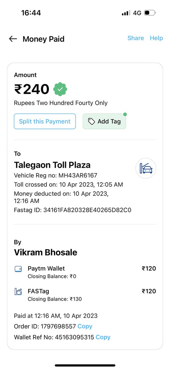 vikramrbhosale's tweet photo. @FASTag_NETC My FASTag was debited Rs.240/- at Talegaon Toll on return on 10th April 2023 at 00:05 hrs but the toll person insisted that my Paytm FASTag is on low balance and made me pay double toll fee in cash and next morning I saw that I was charged 3 times the amount. https://t.co/dO0OLte1mS