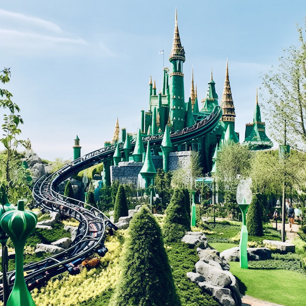 Today, I’m building a Musical Theatre Theme Park using AI

First we have:

DEFYING GRAVITY - A WICKED COASTER

 Everyone deserves the chance to fly around the emerald city castle, a centre piece of the park. Be sure to catch the Wizamania parade just after!