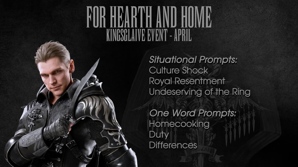 KG_FFXV's tweet image. Prompts for April

Our fanart/fanfic sharing period is April 17th-April 30th. Don't forget to tag us &amp;amp; use the #KGEvent2023 hashtag. The prompts are meant to inspire ideas, but don't have to be used
We'll share all fanworks throughout the entire event, no matter when it's posted.