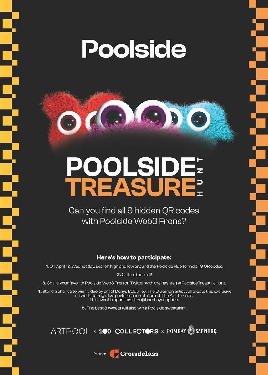 Crowdclass (@crowdclassnfts) on Twitter photo The Treasure Hunt is on at <a href="/PoolsideHub/">Poolside Hub</a>! Find the hidden QR codes and collect all the Web3 Frens NFTs🔎🖼
Make sure you share the Crowdclass link to your faves with #PoolsideTreasureHunt for a chance to win Poolside goodies & an exclusive artwork by <a href="/denisbldrv/">Denys Boldyriev</a>. Happy hunting! The Treasure Hunt is on at <a href="/PoolsideHub/">Poolside Hub</a>! Find the hidden QR codes and collect all the Web3 Frens NFTs🔎🖼
Make sure you share the Crowdclass link to your faves with #PoolsideTreasureHunt for a chance to win Poolside goodies & an exclusive artwork by <a href="/denisbldrv/">Denys Boldyriev</a>. Happy hunting!