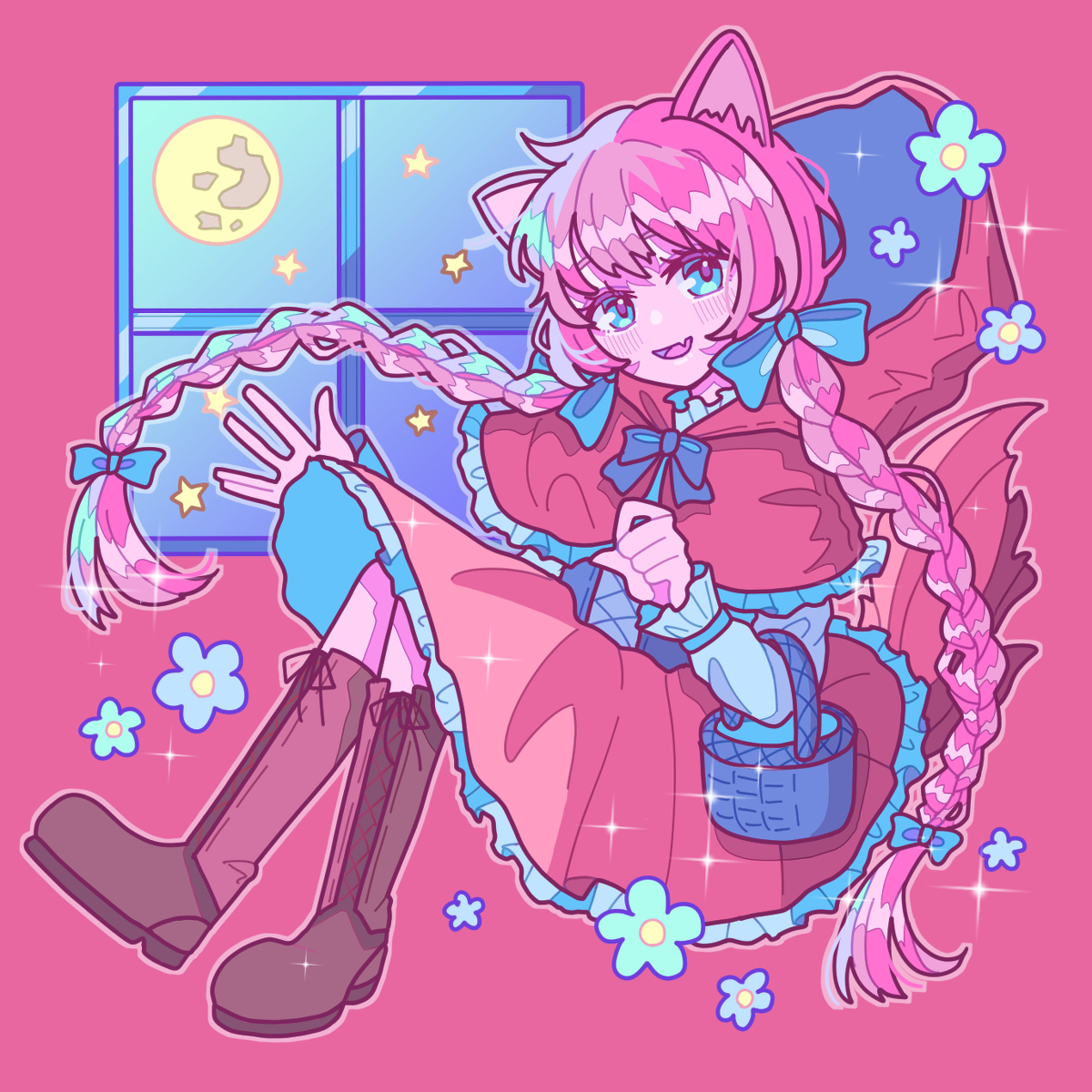 1girl animal ears boots braid pink hair solo twin braids  illustration images