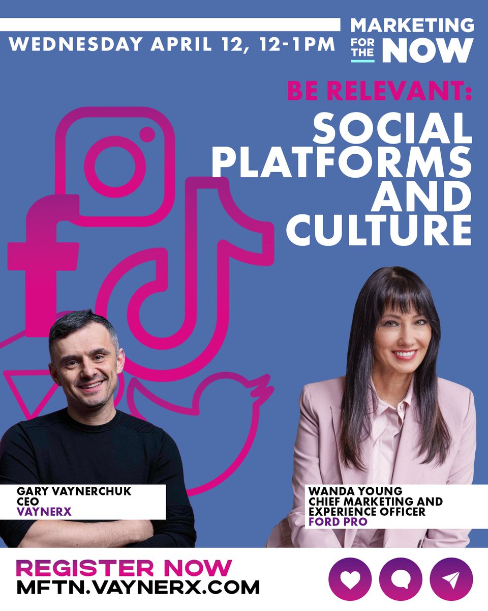 Register to join conversation between @garyvee and I as we talk about @FordPro on social platforms and culture! Today, 4/12 @ 12pm EST 
👉 mftn.vaynerx.com 
#marketingforthenow #socialmedia #culture