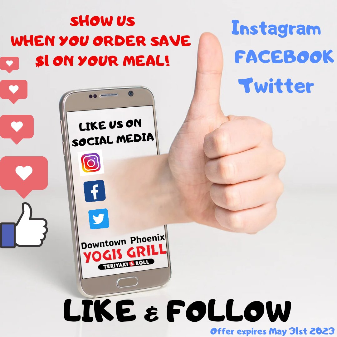 📣Hey everyone! Downtown Phoenix Yogis &amp; Grill has an amazing social media deal for you! Just like and follow our page and get $1 off your order! It's that simple! Just show the cashier your page to claim your discount. Don't miss out on this great offer!
(Offer ends May 31st)
