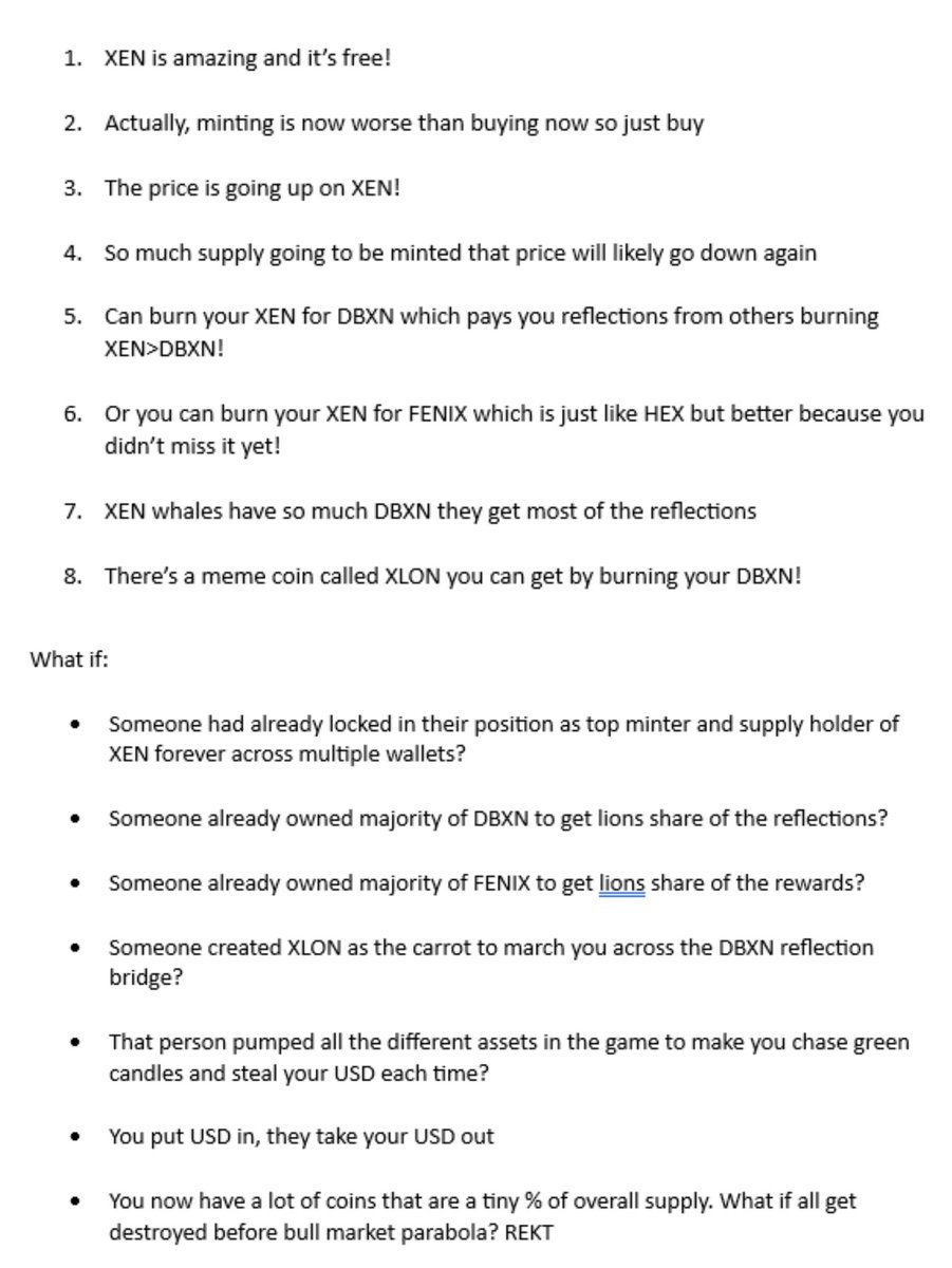 igloobamboo's tweet photo. ๐งต 1/5
The #XEN #DBXN #FENIX #XLON "Closed-Circle Ponzi" game (mucho credit @yourfriendSOMMI).
A new spin on previous PoWH/reflection/hourglass games, where first owners of supply win real money & newbs win tewkens.
Your last chance to learn & avoid #REKT by the meat grinder ๐ https://t.co/bpIPUuUAUw