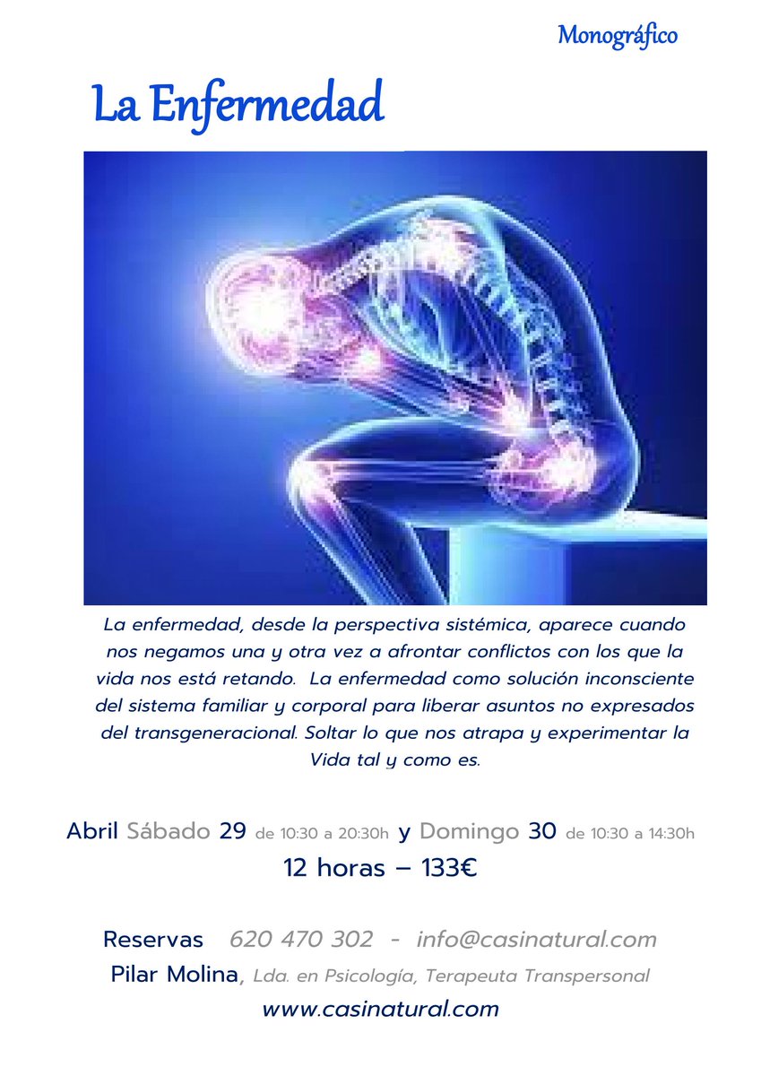 Casi_Natural's tweet photo. En #ABRIL Taller Especial la Enfermedad
Conocer más de la perspectiva sistémica sobre este tema y CONSTELAR 
Reservas whatsapp +34620470302
#terapiasalternativas #quiénsoy #equilibrio #salud #instagram #ConstelacionesFamiliares #transpersonal
#transgeneracional
#autoayuda
#crecer https://t.co/dw9qFQBHDC