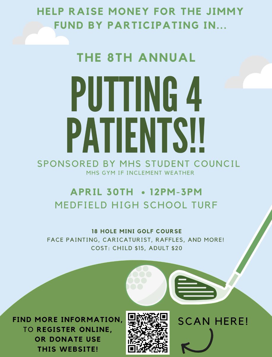Hey everyone! Join us for our 8th annual Putting 4 Patients event on April 30th! We hope to see you all there! #medfieldps <a href="/MedfieldHS/">Robert Parga</a> <a href="/JeffreyJMarsden/">Jeffrey Marsden</a> <a href="/HometownWeekly/">Hometown Weekly</a> <a href="/MedfieldAD/">Medfield Athletics</a> <a href="/mssafermhs/">Ms. Safer</a> <a href="/nat_vaughn/">Nat Vaughn</a> <a href="/TheJimmyFund/">The Jimmy Fund</a> <a href="/BostonGlobe/">The Boston Globe</a> 

danafarber.jimmyfund.org/goto/medfield