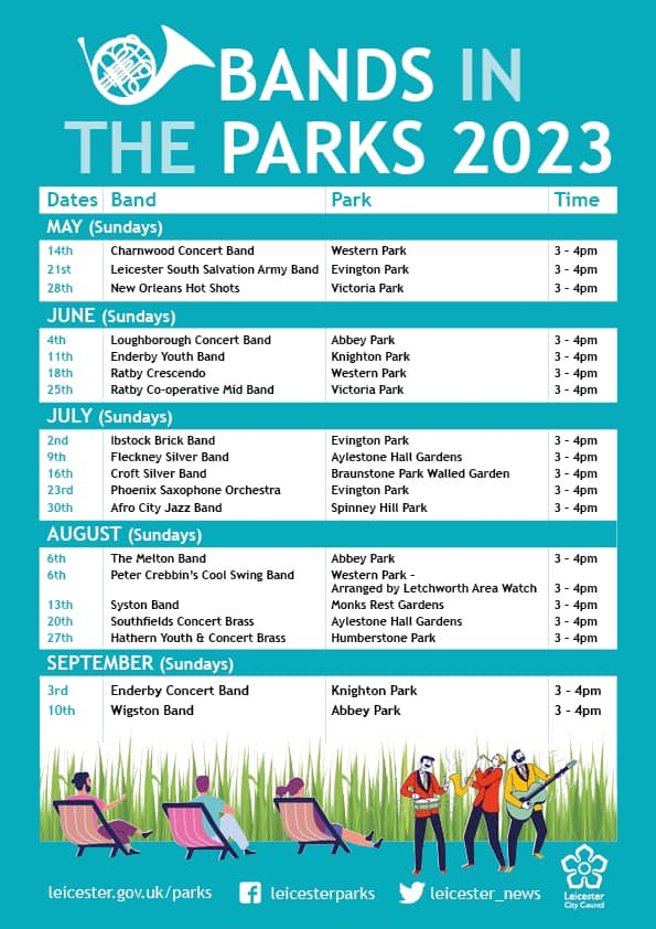 .<a href="/Leicester_News/">Leicester City Council</a>'s #BandsInTheParks is back - live bands performing in various parks every Sunday afternoon from 14th May to 10th Sep, 3-4pm.

Victoria Park dates:
🎶Sun 28th May - New Orleans Hot Shots
🎶Sun 25th Jun - Ratby Co-operative Mid Band

#FCP