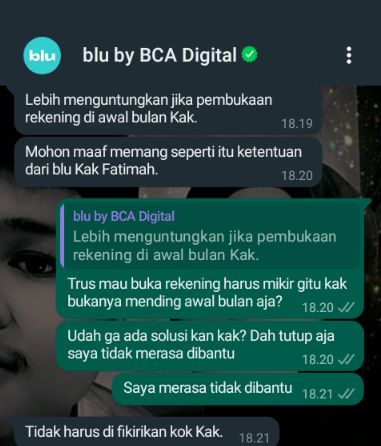 viviftmh_'s tweet photo. @blubybcadigital cs nya di training ga sih? Masa katanya lebih menguntungkan buka rekening di awal bulan. Lah orang mana tau ada kebutuhan buka rekening di awal, tengah atau akhir bulan 🤭🤭 Gimana ya, ngerasa ganjel aja jawabnya 🙃 https://t.co/NTXFgmhhuH