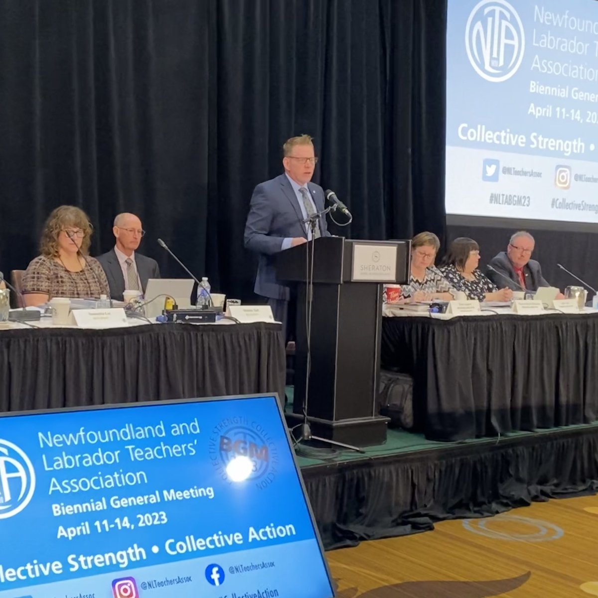 President @TrentLangdonNL begins Day 2 of #NLTABGM23 with a call for teachers to hold @GovNL accountable for its lack of clear vision when it comes to public education and push for action now. #CollectiveStrength #CollectiveAction
