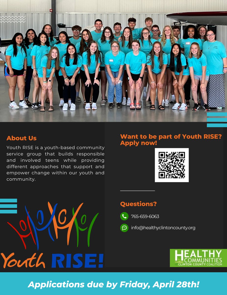 The Youth RISE applications for the 2023-2024 school year are open! This is for any student in Clinton County that will be in grades 9-12 in the 23-24 school year.  The application will need completed via the QR code on the flyer or by this ink: forms.gle/xZZUW5oEtyMXKs…
