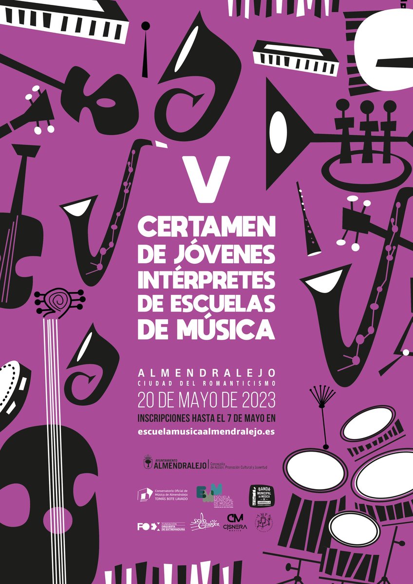 EMMAlmendralejo's tweet photo. 🎼🎼🎵🎶🎷🎻🪕🎸Abierto el quinto Certamen de Jóvenes Intérpretes de Escuelas de Música "Almendralejo 2023", en las especialidades de viento-madera, viento-metal, piano y percusión.

📲Inscripciones, Info y bases⤵️ ➡️https://t.co/YEaoQN1Chc Inscripciones hasta el 7 de mayo 🗓️ https://t.co/k7ApPU88LU