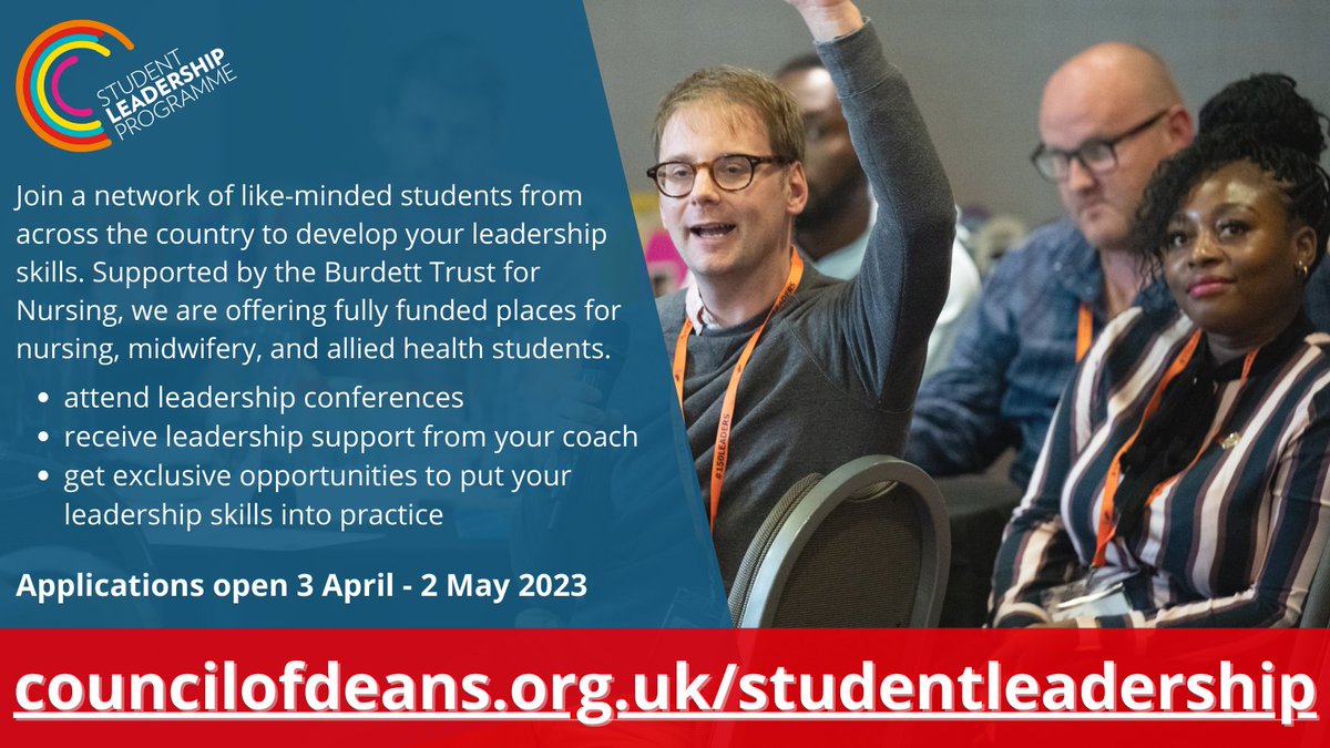 Applications are OPEN for our 2023/24 Student Leadership Programme which will develop leadership skills among the future nursing, midwifery and AHP workforce. Apply today! Quick, don't miss out! bitly.ws/CxRD