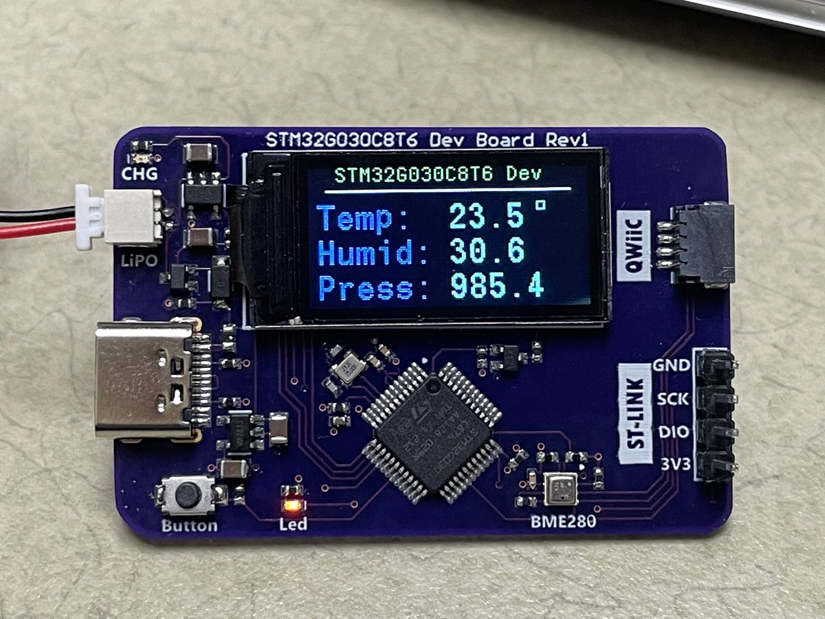 mikerankin's tweet image. Second go at a custom STM32 dev board this time using a cheaper STM32G030C8T6 that’s $0.93 off LCSC. Same BME280 as before but using an 80x160 ST7735 TFT. Next project will use the STM32L with eink #stm32