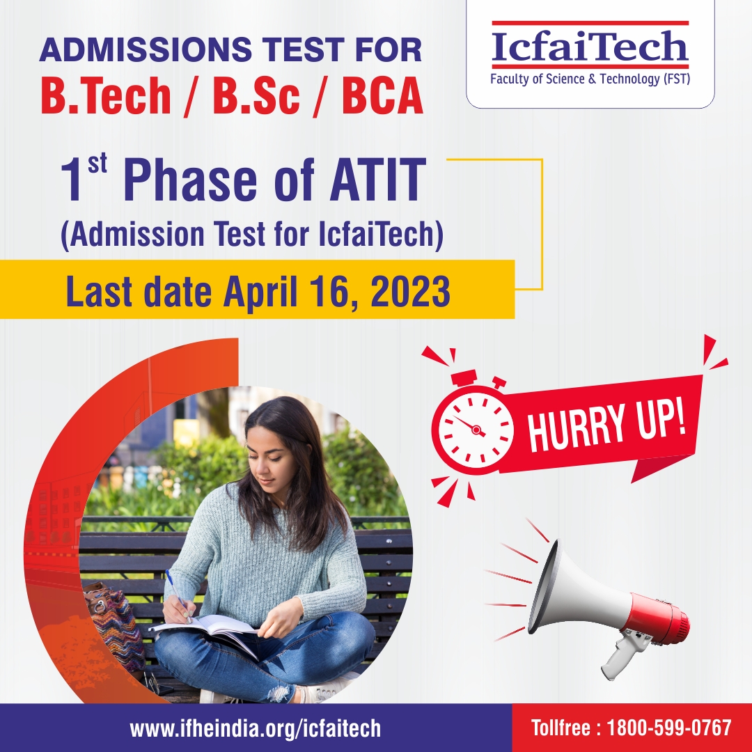 ICFAI_TECH's tweet image. Admissions Test for B.Tech /  B.Sc / BCA .1st Phase of ATIT (Admission Test for IcfaiTech). Last date is April 16, 2023. Hurry Apply Now at : bit.ly/3HuoUT2

#Btechadmissions2023 #icfaitechadmissions2023 #bscadmissions