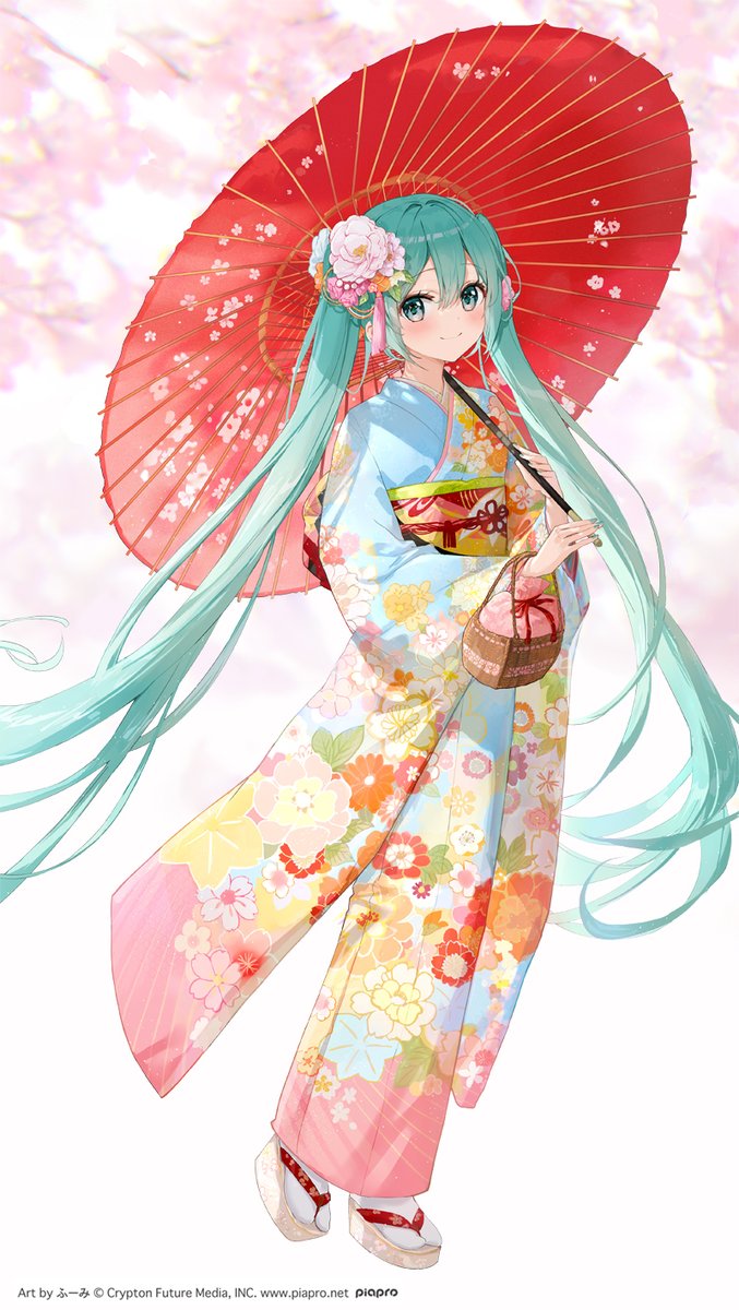 hatsune miku 1girl solo umbrella japanese clothes hair ornament oil-paper umbrella kimono  illustration images